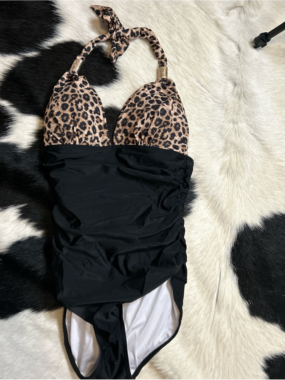 Black & Leopard Halter One-Piece Swimsuit and Black Bottoms